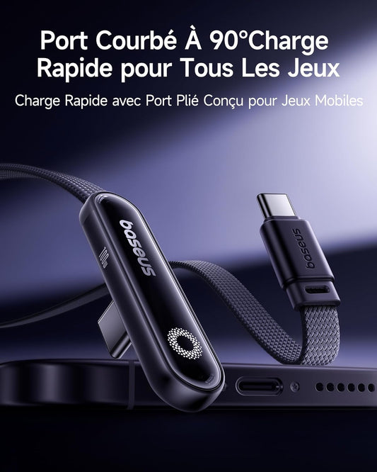 Baseus USB C Cable with 90° Elbow, 100W Type-C to C E-Sport Fast Charging Cable with Ring Mood Light, 480Mbps, Braided Cable for iPhone16/16Pro/15, Samsung S24U, Macbook, 1m
