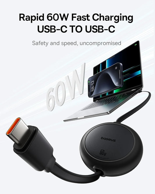 Baseus USB C Cable, 60W PD 5A QC 4.0 Mini Fast Charging Retractable USB C to USB C Cable 4 Level Preset Length for iPhone 15 Samsung iPad Easy Store Portable