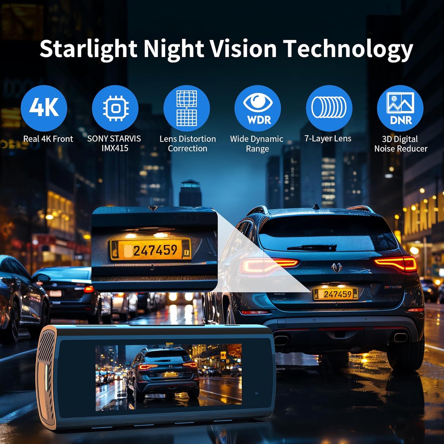 KAWA Car Dashcam Front Rear 4K, Free 64GB Card Onboard Camera for 4K+1080P, Sony Starvis IMX415, GPS & WiFi, Night Vision, 24H Parking Mode, Car Camera, D8