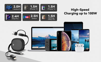 Minlu 5 in 1 Charging Cable, 100W Retractable Multi Tip Charger Cable, USB C and Data Transfer Cable, USB-C/A to Lightning/Type C for iPhone, iPad Pro/Air, Galaxy, Pixel