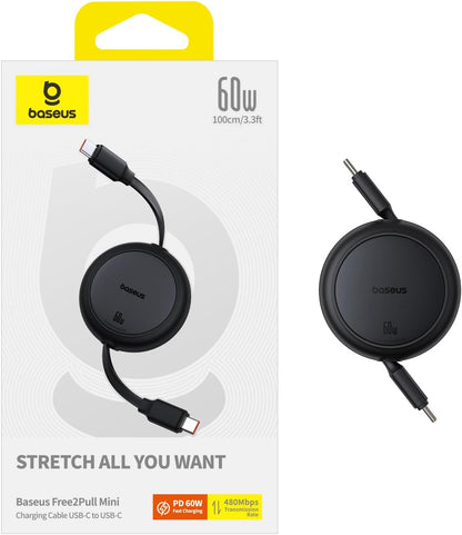 Baseus USB C Cable, 60W PD 5A QC 4.0 Mini Fast Charging Retractable USB C to USB C Cable 4 Level Preset Length for iPhone 15 Samsung iPad Easy Store Portable