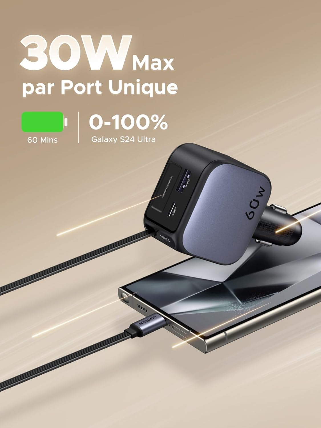 UGREEN Nexode 60W Retractable Car Charger USB C PPS PD QC 3.0 Compact Fast Charging Car Charger Compatible with iPhone 17 Pro Max Air 16 15 14 13 12 Galaxy S25 Ultra iPad Pro Air