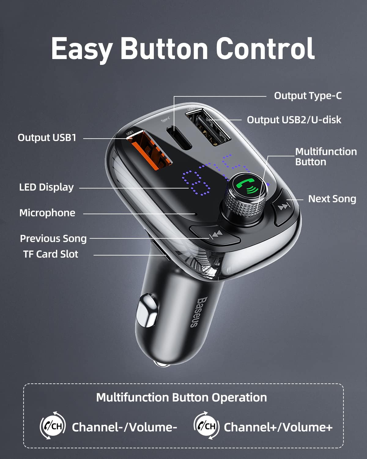Baseus Bluetooth FM Transmitter, Bluetooth 5.0 Car Radio Adapter MP3 Player Wireless Hands-Free Kit, Car Cigarette Lighter Charger with 3 USB Ports (PD3.0 & QC3.0), Support TF Card/USB Stick