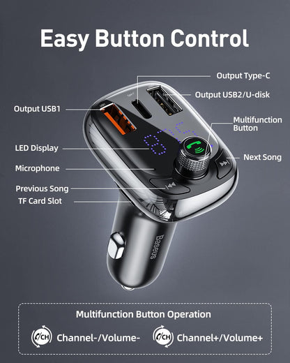 Baseus Bluetooth FM Transmitter, Bluetooth 5.0 Car Radio Adapter MP3 Player Wireless Hands-Free Kit, Car Cigarette Lighter Charger with 3 USB Ports (PD3.0 & QC3.0), Support TF Card/USB Stick