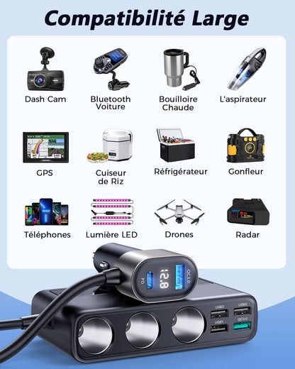 JOYROOM 9-in-1 Car Cigarette Lighter Adapter, 210W DC 12V/24V USB C Cigarette Lighter Socket, QC 3.0 & 5 Ports PD3.0 36W Car Charger, Voltage Display by LED for Tablet/iPhone/GPS