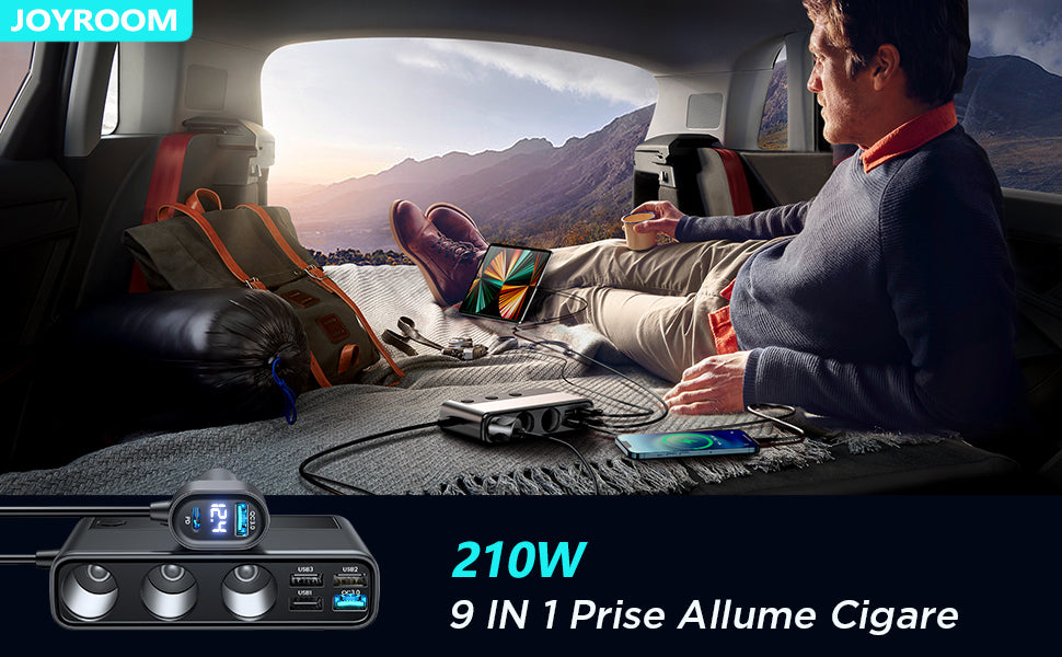 JOYROOM 9-in-1 Car Cigarette Lighter Adapter, 210W DC 12V/24V USB C Cigarette Lighter Socket, QC 3.0 & 5 Ports PD3.0 36W Car Charger, Voltage Display by LED for Tablet/iPhone/GPS