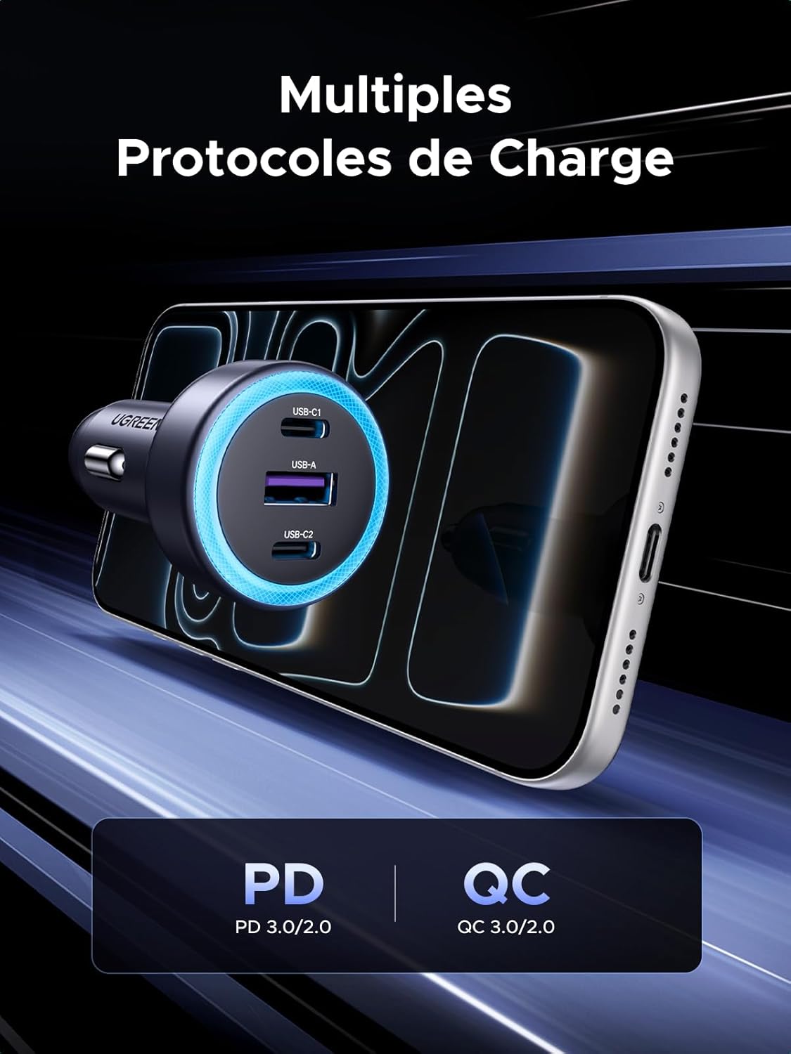 UGREEN USB C Car Charger 3 Ports 30W PD QC 3.0 Fast Car Charger with LED Cigarette Lighter Socket Compatible with iPhone 17 Pro Max Air 16 15 14 13 12 Galaxy S25 Ultra Plus S24 Pixel 9 8