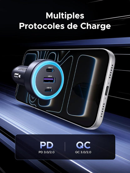 UGREEN USB C Car Charger 3 Ports 30W PD QC 3.0 Fast Car Charger with LED Cigarette Lighter Socket Compatible with iPhone 17 Pro Max Air 16 15 14 13 12 Galaxy S25 Ultra Plus S24 Pixel 9 8
