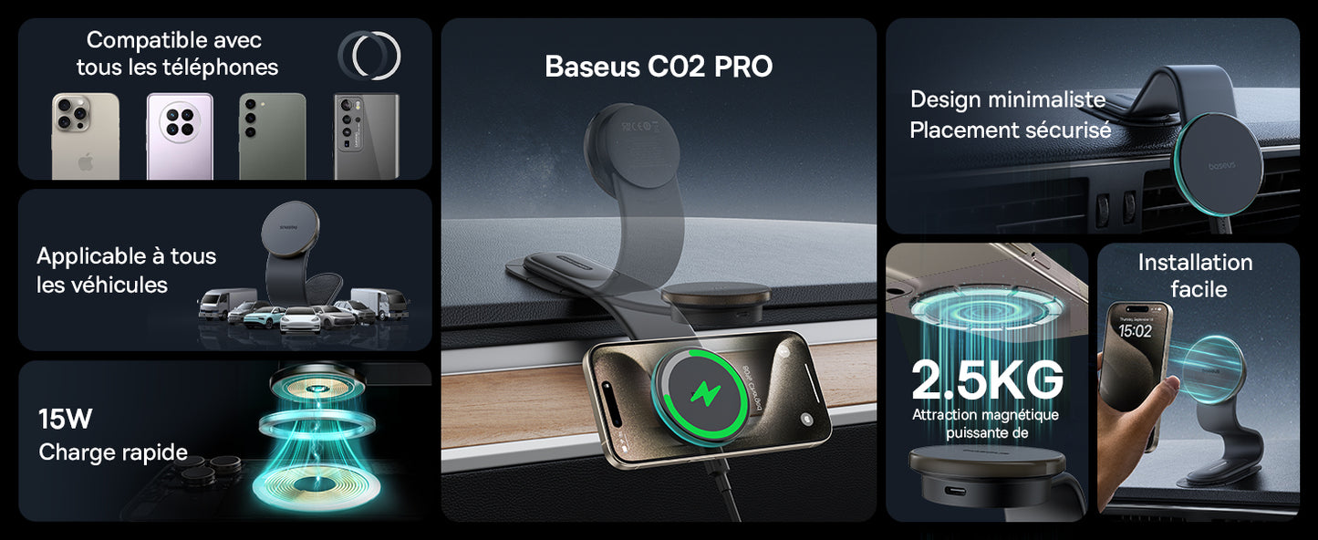 Baseus 15W C02 Pro Magsafe Wireless Car Charger, Magnetic Wireless Charger, Car Phone Holder Fast Charging for iPhone 16-12 Series