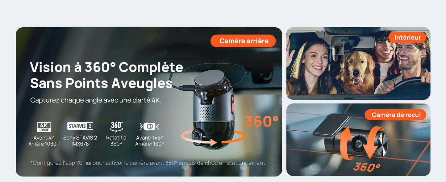 70mai Omni, 4K + 1080P Dash Cam 360° Rotation Car Dashcam, Motion Detection, AI Motion Detection, Day and Night Recorder, GPS, 24H Parking Mode, App Control, Max 512GB