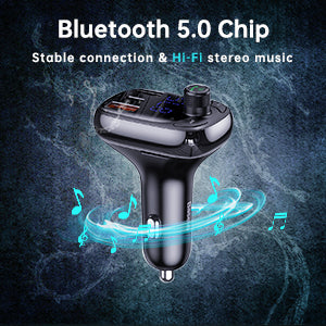 Baseus Bluetooth FM Transmitter, Bluetooth 5.0 Car Radio Adapter MP3 Player Wireless Hands-Free Kit, Car Cigarette Lighter Charger with 3 USB Ports (PD3.0 & QC3.0), Support TF Card/USB Stick