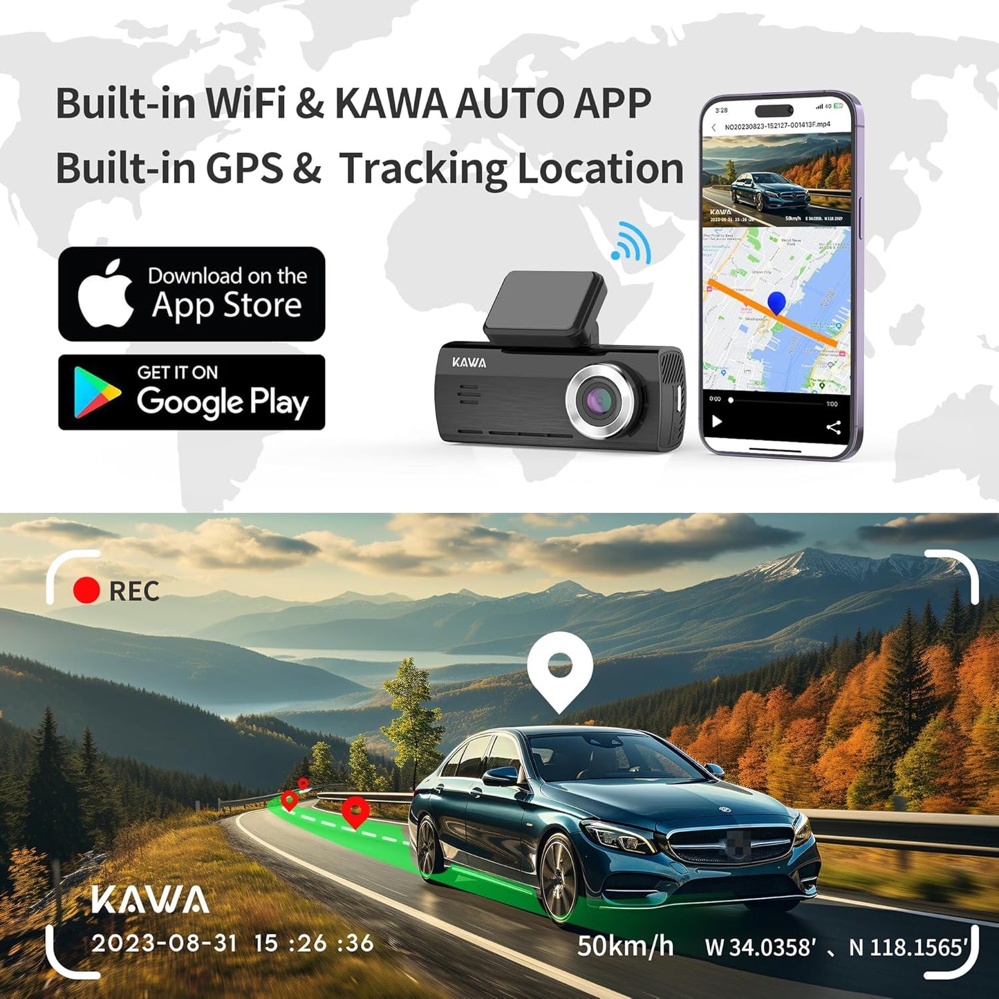 KAWA Car Dashcam Front Rear 4K, Free 64GB Card Onboard Camera for 4K+1080P, Sony Starvis IMX415, GPS & WiFi, Night Vision, 24H Parking Mode, Car Camera, D8