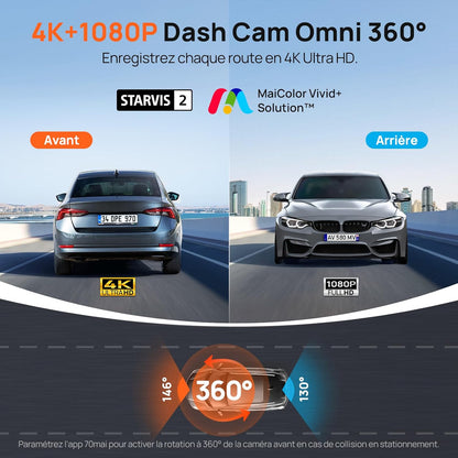 70mai Omni, 4K + 1080P Dash Cam 360° Rotation Car Dashcam, Motion Detection, AI Motion Detection, Day and Night Recorder, GPS, 24H Parking Mode, App Control, Max 512GB