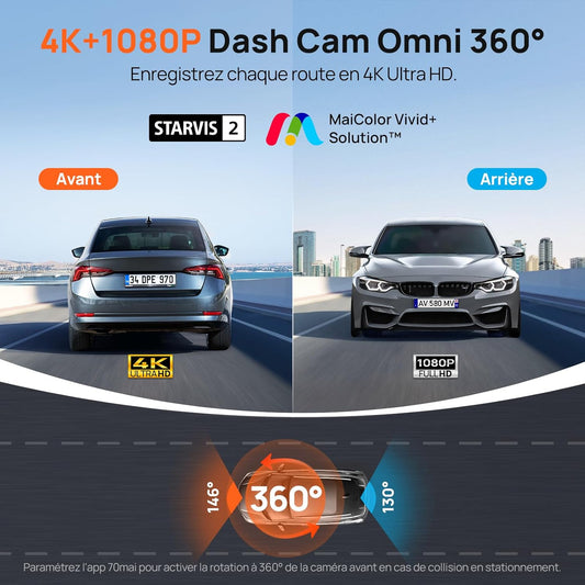 70mai Omni, 4K + 1080P Dash Cam 360° Rotation Car Dashcam, Motion Detection, AI Motion Detection, Day and Night Recorder, GPS, 24H Parking Mode, App Control, Max 512GB