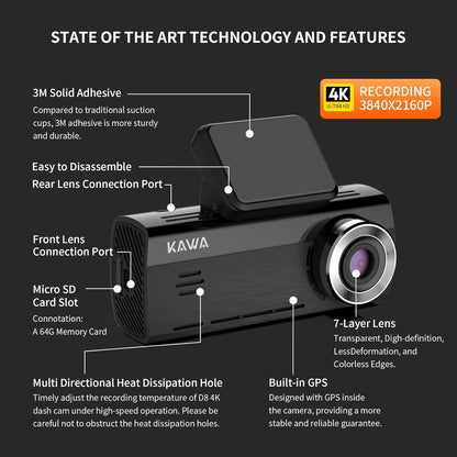 KAWA Car Dashcam Front Rear 4K, Free 64GB Card Onboard Camera for 4K+1080P, Sony Starvis IMX415, GPS & WiFi, Night Vision, 24H Parking Mode, Car Camera, D8