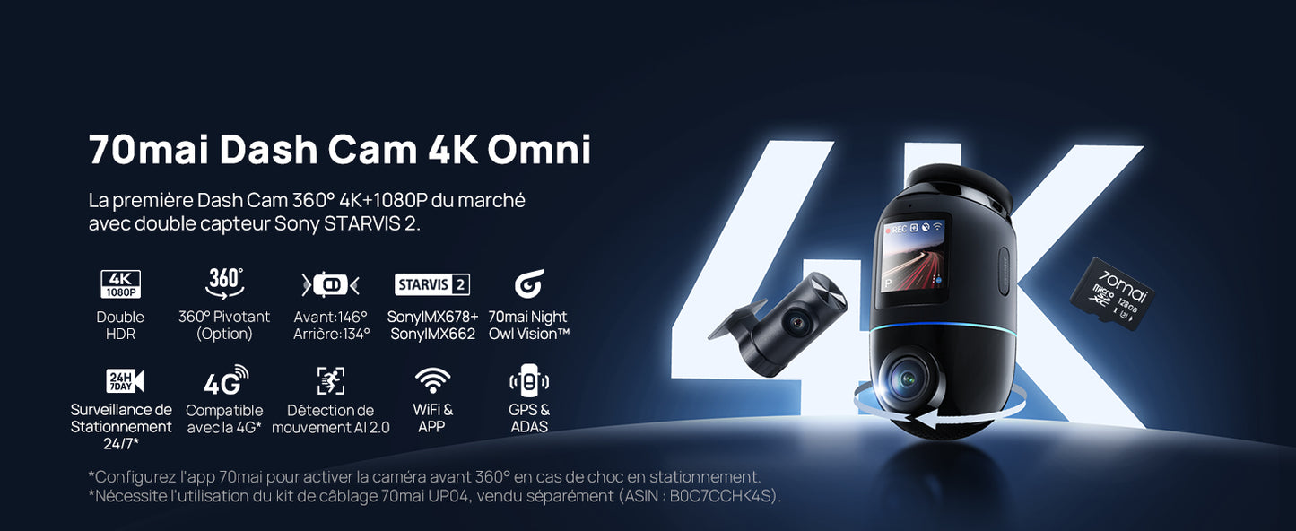 70mai Omni, 4K + 1080P Dash Cam 360° Rotation Car Dashcam, Motion Detection, AI Motion Detection, Day and Night Recorder, GPS, 24H Parking Mode, App Control, Max 512GB