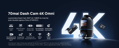 70mai Omni, 4K + 1080P Dash Cam 360° Rotation Car Dashcam, Motion Detection, AI Motion Detection, Day and Night Recorder, GPS, 24H Parking Mode, App Control, Max 512GB