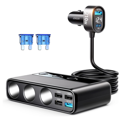 JOYROOM 9-in-1 Car Cigarette Lighter Adapter, 210W DC 12V/24V USB C Cigarette Lighter Socket, QC 3.0 & 5 Ports PD3.0 36W Car Charger, Voltage Display by LED for Tablet/iPhone/GPS