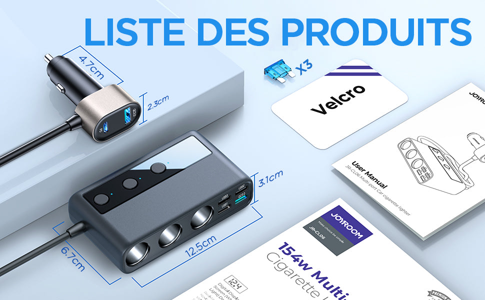 JOYROOM 9-in-1 Car Cigarette Lighter Adapter, 210W DC 12V/24V USB C Cigarette Lighter Socket, QC 3.0 & 5 Ports PD3.0 36W Car Charger, Voltage Display by LED for Tablet/iPhone/GPS