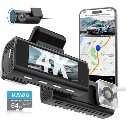 KAWA Car Dashcam Front and Rear 4K Night Vision AI-ISP Real Colours Dash Camera WiFi 4K+1080P, 64G SD Included, with GPS & WiFi, Recording Loop, 24H Parking Mode, D10