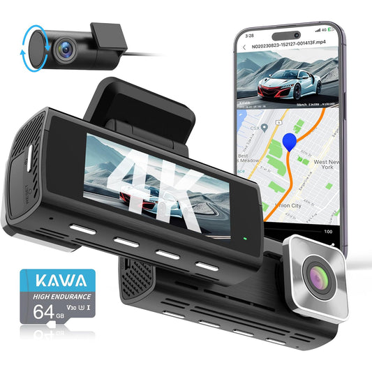 KAWA Car Dashcam Front and Rear 4K Night Vision AI-ISP Real Colours Dash Camera WiFi 4K+1080P, 64G SD Included, with GPS & WiFi, Recording Loop, 24H Parking Mode, D10