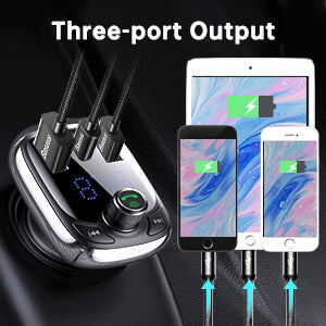 Baseus Bluetooth FM Transmitter, Bluetooth 5.0 Car Radio Adapter MP3 Player Wireless Hands-Free Kit, Car Cigarette Lighter Charger with 3 USB Ports (PD3.0 & QC3.0), Support TF Card/USB Stick