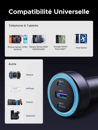 UGREEN USB C Car Charger 3 Ports 30W PD QC 3.0 Fast Car Charger with LED Cigarette Lighter Socket Compatible with iPhone 17 Pro Max Air 16 15 14 13 12 Galaxy S25 Ultra Plus S24 Pixel 9 8