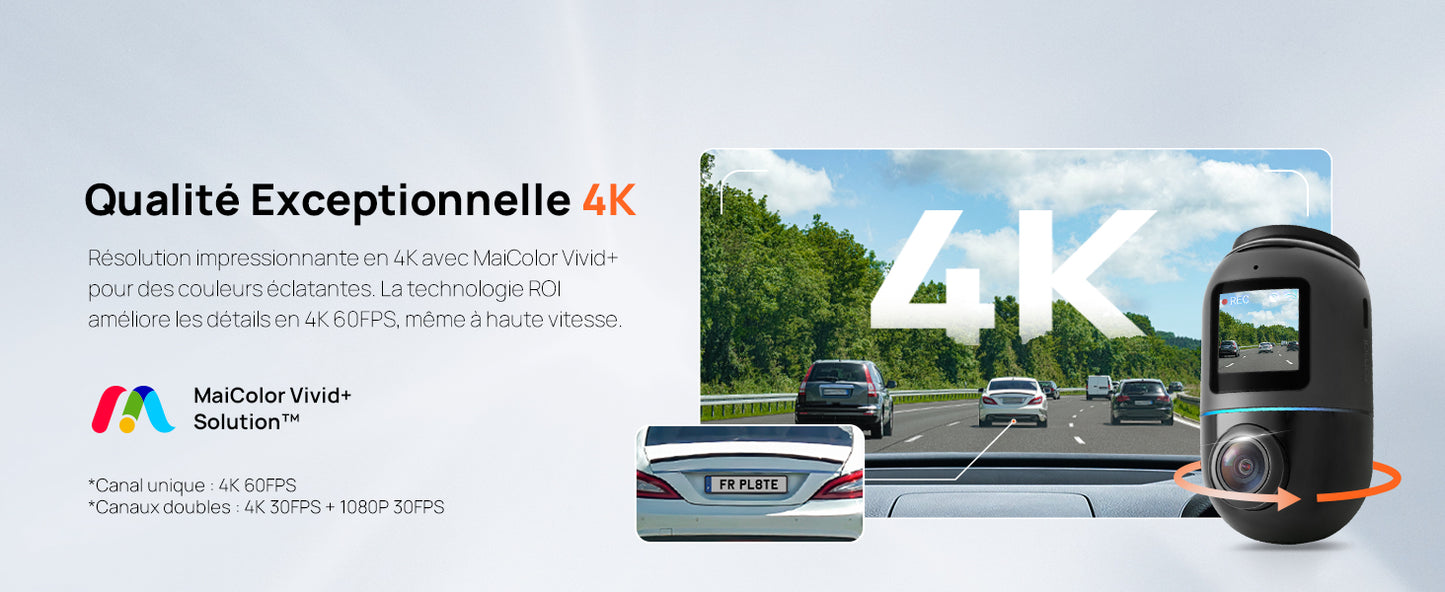 70mai Omni, 4K + 1080P Dash Cam 360° Rotation Car Dashcam, Motion Detection, AI Motion Detection, Day and Night Recorder, GPS, 24H Parking Mode, App Control, Max 512GB