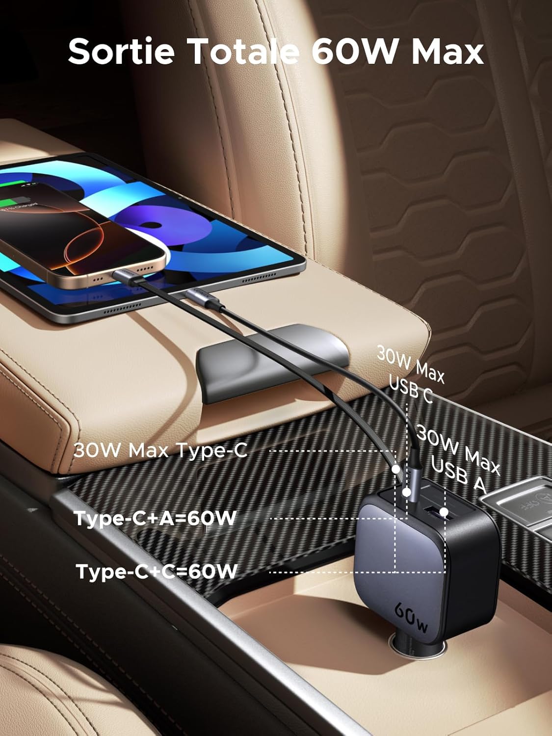 UGREEN Nexode 60W Retractable Car Charger USB C PPS PD QC 3.0 Compact Fast Charging Car Charger Compatible with iPhone 17 Pro Max Air 16 15 14 13 12 Galaxy S25 Ultra iPad Pro Air