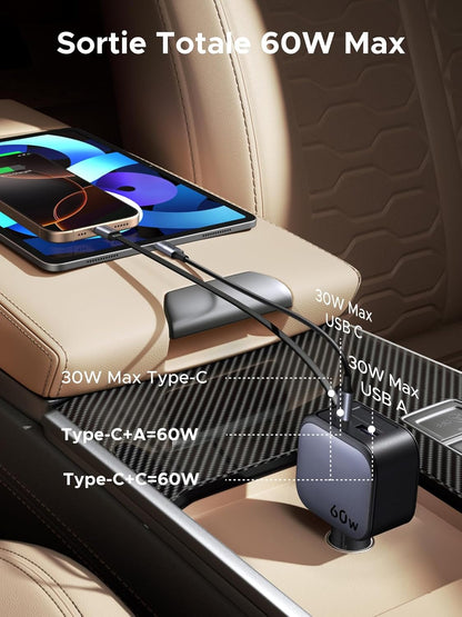 UGREEN Nexode 60W Retractable Car Charger USB C PPS PD QC 3.0 Compact Fast Charging Car Charger Compatible with iPhone 17 Pro Max Air 16 15 14 13 12 Galaxy S25 Ultra iPad Pro Air