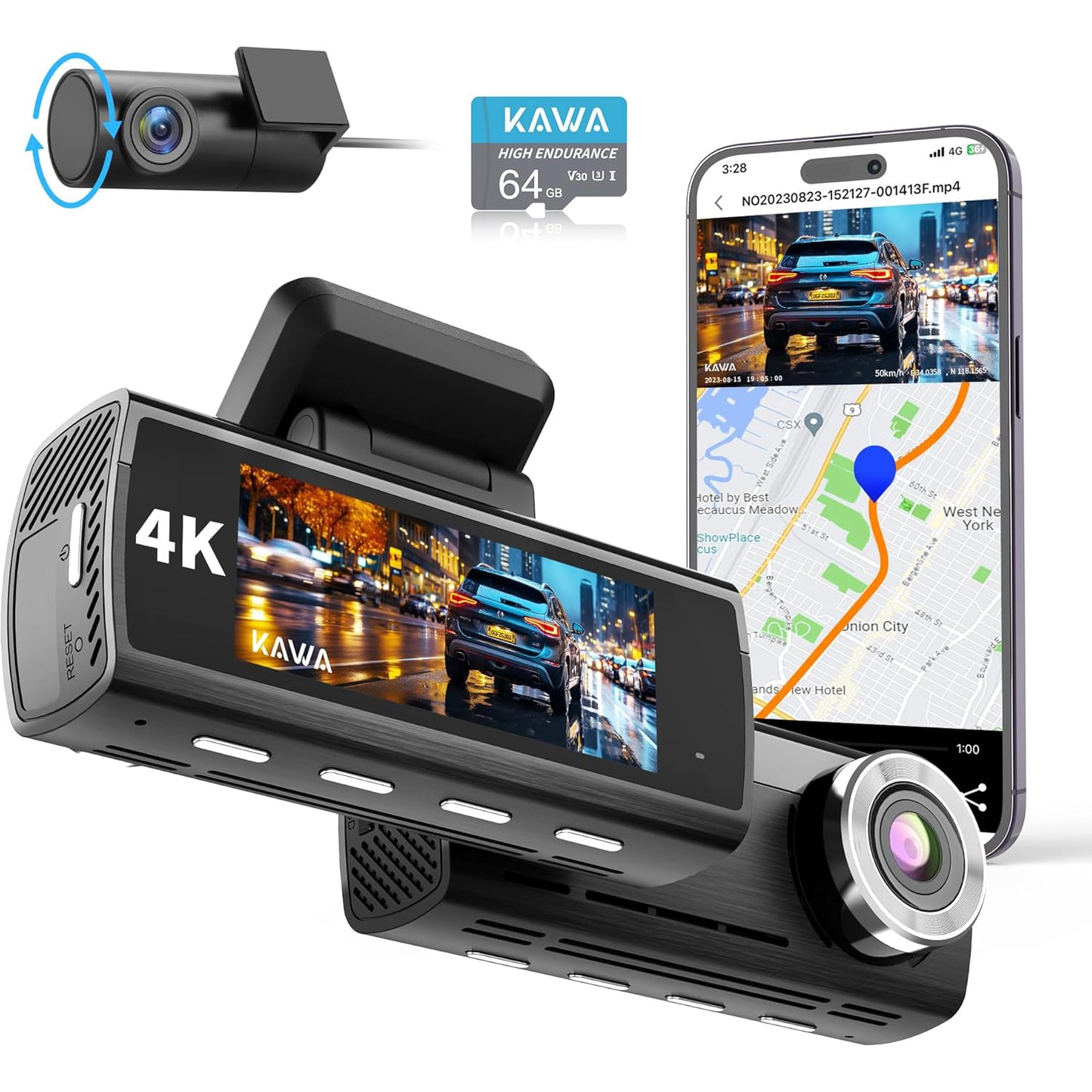 KAWA Car Dashcam Front Rear 4K, Free 64GB Card Onboard Camera for 4K+1080P, Sony Starvis IMX415, GPS & WiFi, Night Vision, 24H Parking Mode, Car Camera, D8