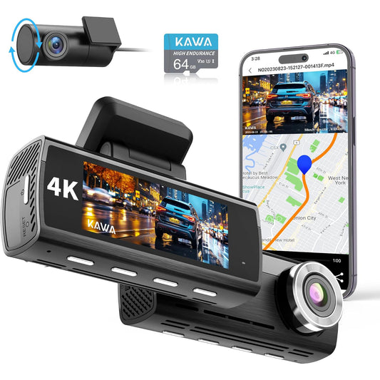 KAWA Car Dashcam Front Rear 4K, Free 64GB Card Onboard Camera for 4K+1080P, Sony Starvis IMX415, GPS & WiFi, Night Vision, 24H Parking Mode, Car Camera, D8