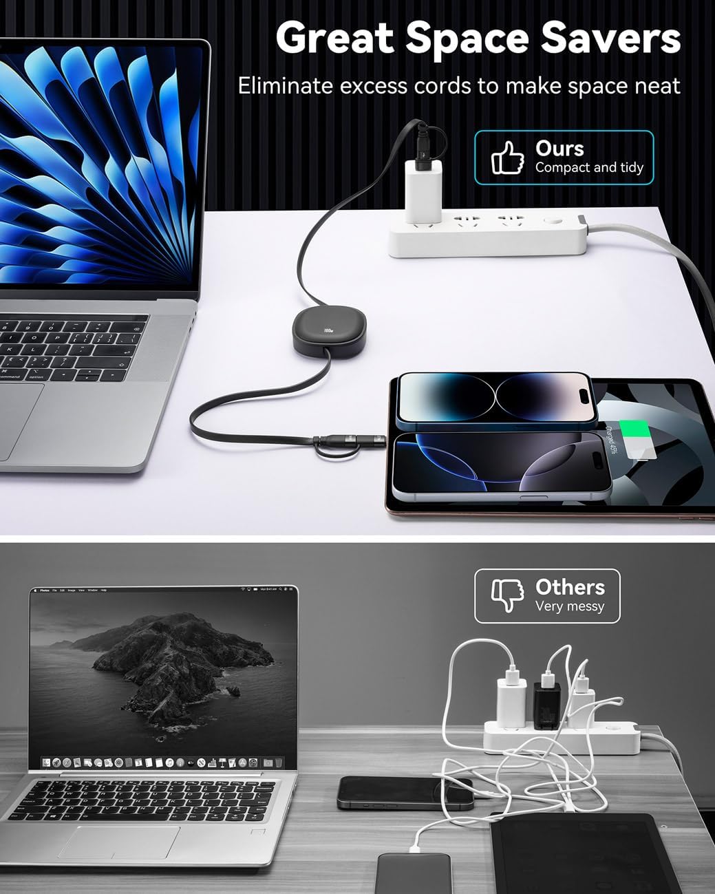 Minlu 5 in 1 Charging Cable, 100W Retractable Multi Tip Charger Cable, USB C and Data Transfer Cable, USB-C/A to Lightning/Type C for iPhone, iPad Pro/Air, Galaxy, Pixel