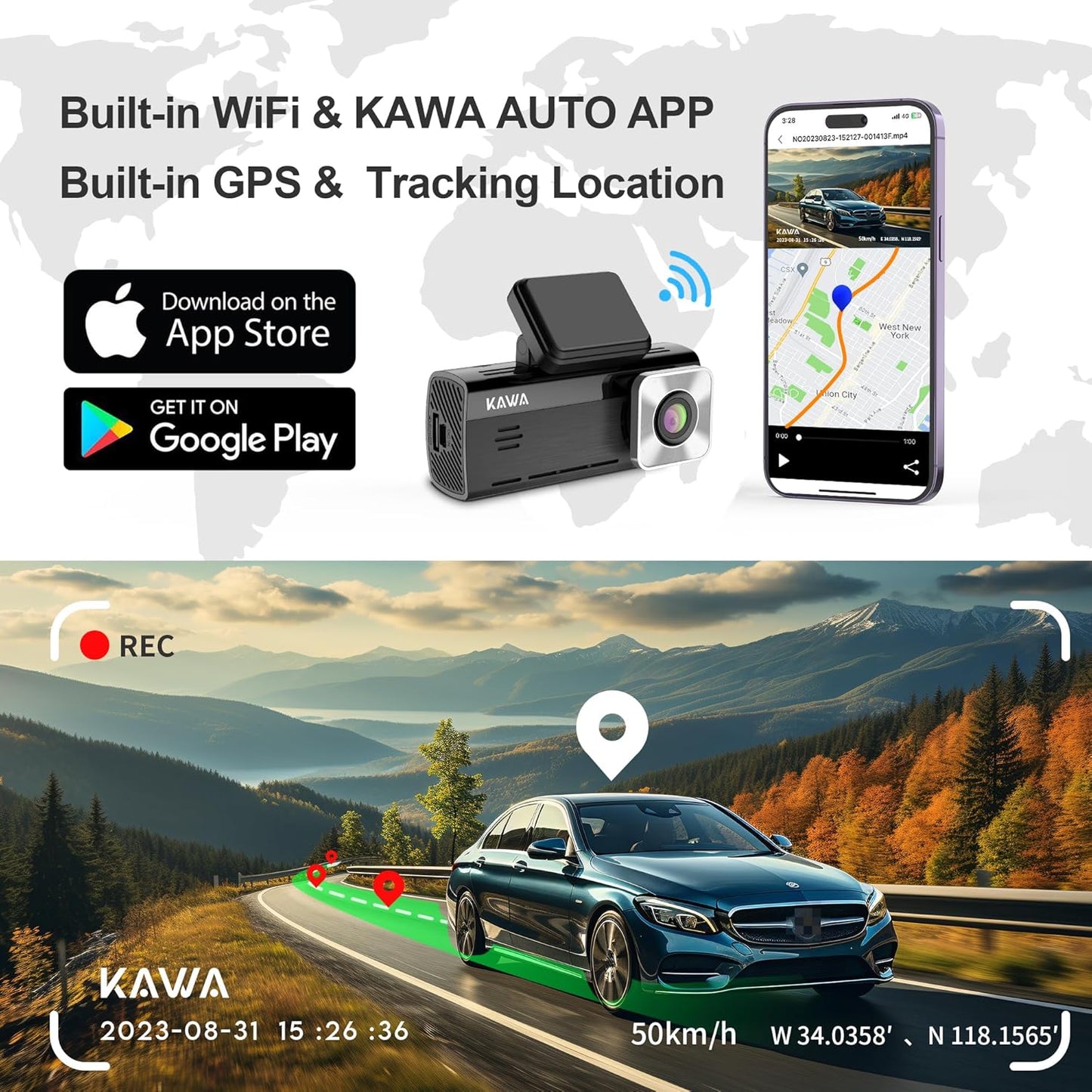KAWA Car Dashcam Front and Rear 4K Night Vision AI-ISP Real Colours Dash Camera WiFi 4K+1080P, 64G SD Included, with GPS & WiFi, Recording Loop, 24H Parking Mode, D10