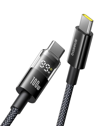 Baseus USB C Cable with Digital Display, 100W Type-C to C Fast Charging Cable with 480Mbps, Braided Wire, Compatible with iPhone16/16Pro/16Pro Max/15, Samsung S24U, Macbook, Surface, 1m