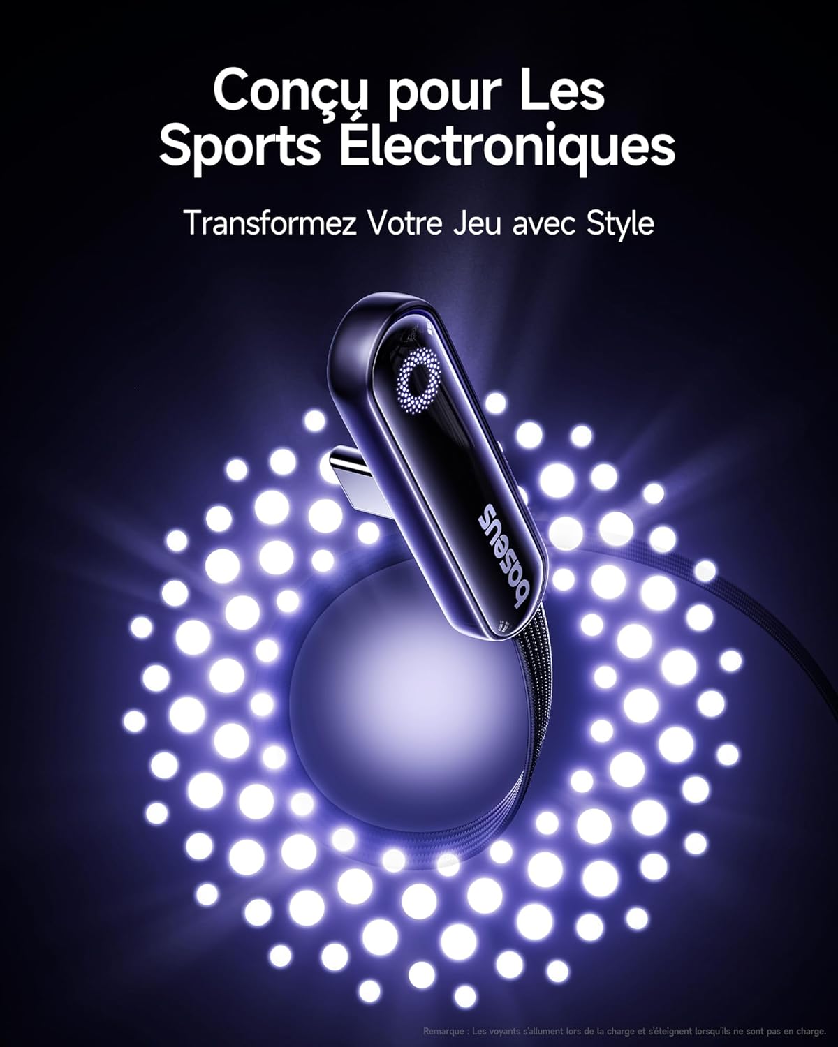 Baseus USB C Cable with 90° Elbow, 100W Type-C to C E-Sport Fast Charging Cable with Ring Mood Light, 480Mbps, Braided Cable for iPhone16/16Pro/15, Samsung S24U, Macbook, 1m