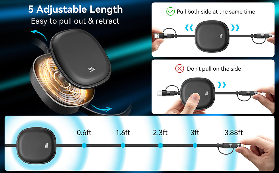 Minlu 5 in 1 Charging Cable, 100W Retractable Multi Tip Charger Cable, USB C and Data Transfer Cable, USB-C/A to Lightning/Type C for iPhone, iPad Pro/Air, Galaxy, Pixel