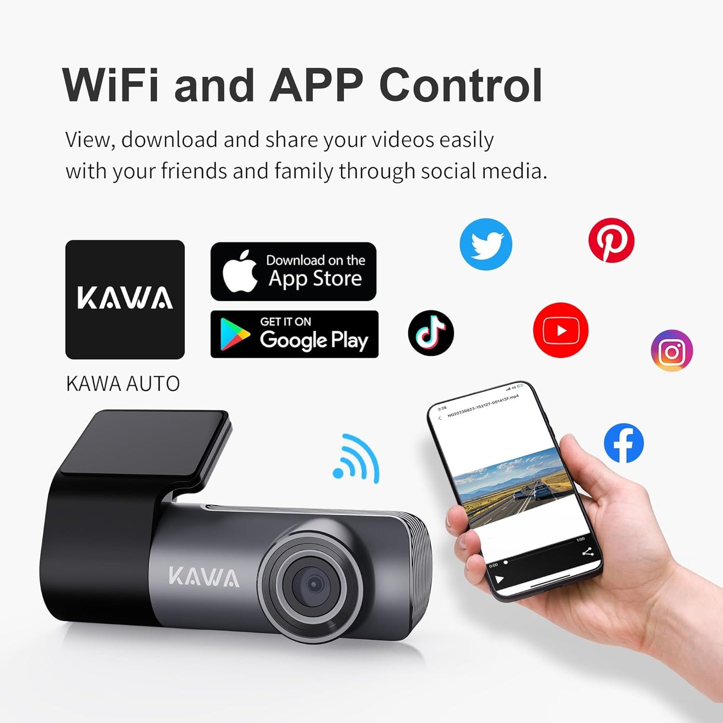 KAWA 1296P Front Car Dashcam, Mini Camera for Cars with Application, WiFi, WDR Night Vision, 360° Rotating, 135° View Angle, 24H Parking Monitoring, G-Sensor, D5