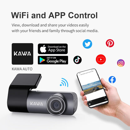 KAWA 1296P Front Car Dashcam, Mini Camera for Cars with Application, WiFi, WDR Night Vision, 360° Rotating, 135° View Angle, 24H Parking Monitoring, G-Sensor, D5
