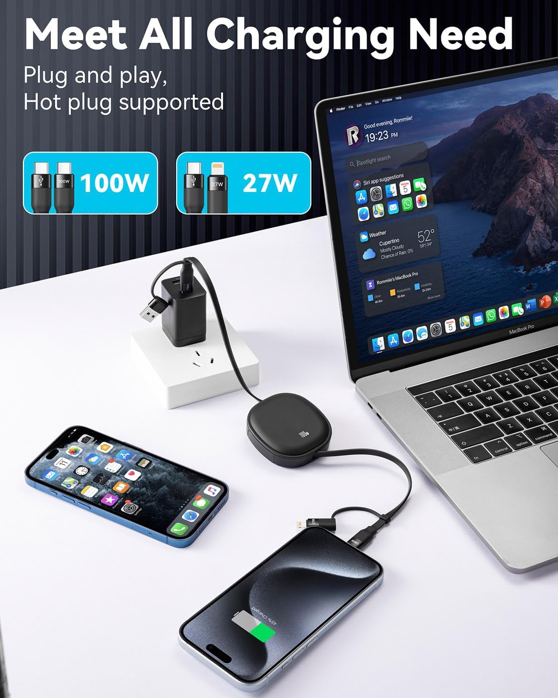 Minlu 5 in 1 Charging Cable, 100W Retractable Multi Tip Charger Cable, USB C and Data Transfer Cable, USB-C/A to Lightning/Type C for iPhone, iPad Pro/Air, Galaxy, Pixel