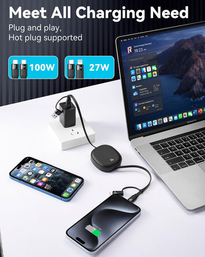 Minlu 5 in 1 Charging Cable, 100W Retractable Multi Tip Charger Cable, USB C and Data Transfer Cable, USB-C/A to Lightning/Type C for iPhone, iPad Pro/Air, Galaxy, Pixel