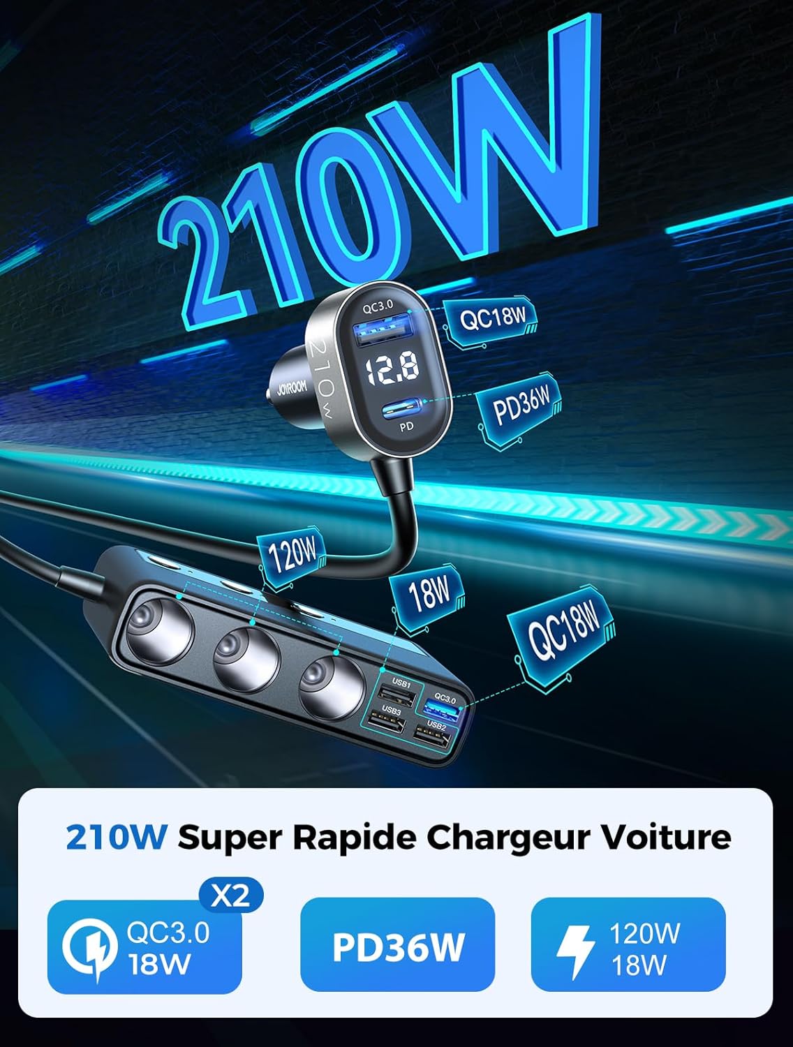 JOYROOM 9-in-1 Car Cigarette Lighter Adapter, 210W DC 12V/24V USB C Cigarette Lighter Socket, QC 3.0 & 5 Ports PD3.0 36W Car Charger, Voltage Display by LED for Tablet/iPhone/GPS