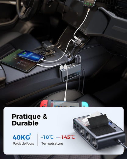 JOYROOM 9-in-1 Car Cigarette Lighter Adapter, 210W DC 12V/24V USB C Cigarette Lighter Socket, QC 3.0 & 5 Ports PD3.0 36W Car Charger, Voltage Display by LED for Tablet/iPhone/GPS