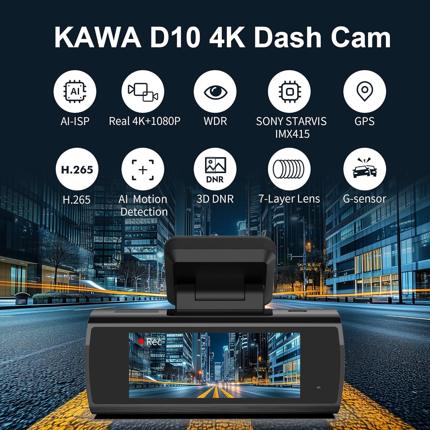 KAWA Car Dashcam Front and Rear 4K Night Vision AI-ISP Real Colours Dash Camera WiFi 4K+1080P, 64G SD Included, with GPS & WiFi, Recording Loop, 24H Parking Mode, D10