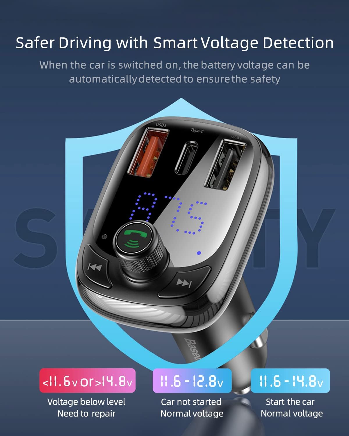 Baseus Bluetooth FM Transmitter, Bluetooth 5.0 Car Radio Adapter MP3 Player Wireless Hands-Free Kit, Car Cigarette Lighter Charger with 3 USB Ports (PD3.0 & QC3.0), Support TF Card/USB Stick