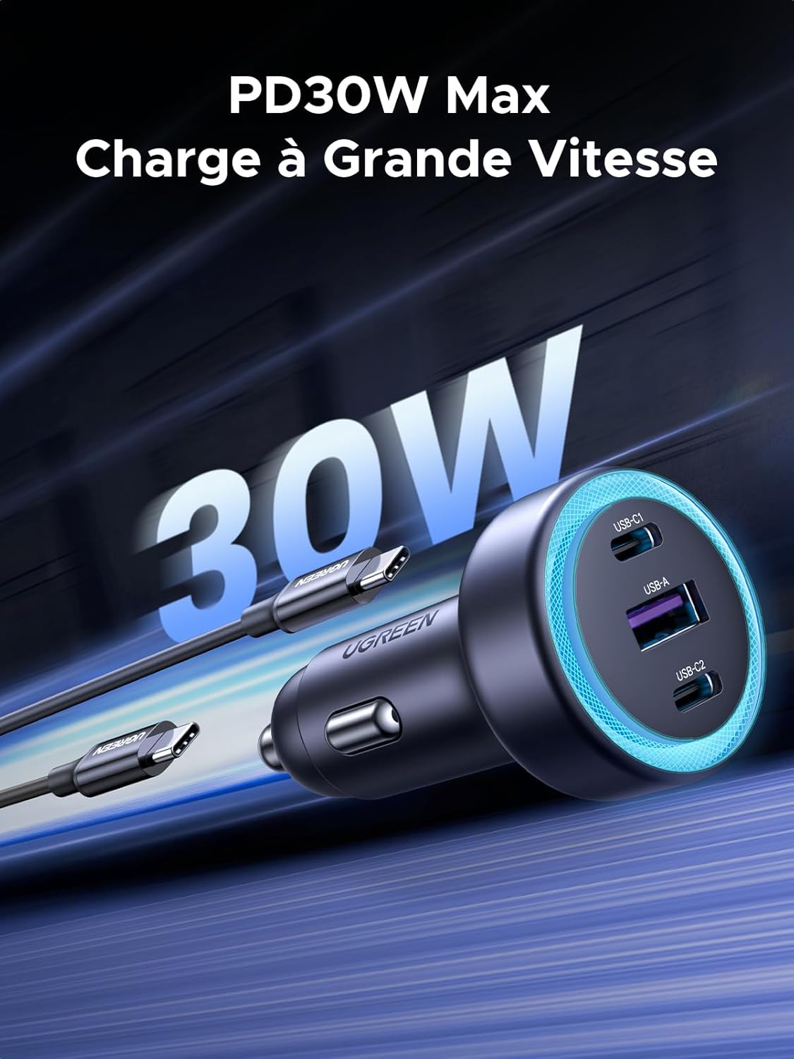 UGREEN USB C Car Charger 3 Ports 30W PD QC 3.0 Fast Car Charger with LED Cigarette Lighter Socket Compatible with iPhone 17 Pro Max Air 16 15 14 13 12 Galaxy S25 Ultra Plus S24 Pixel 9 8