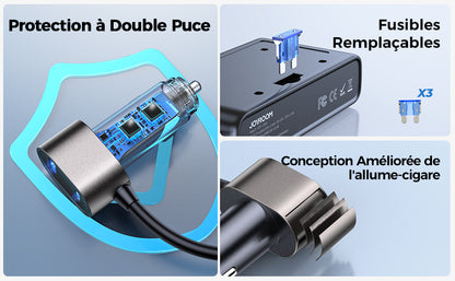 JOYROOM 9-in-1 Car Cigarette Lighter Adapter, 210W DC 12V/24V USB C Cigarette Lighter Socket, QC 3.0 & 5 Ports PD3.0 36W Car Charger, Voltage Display by LED for Tablet/iPhone/GPS
