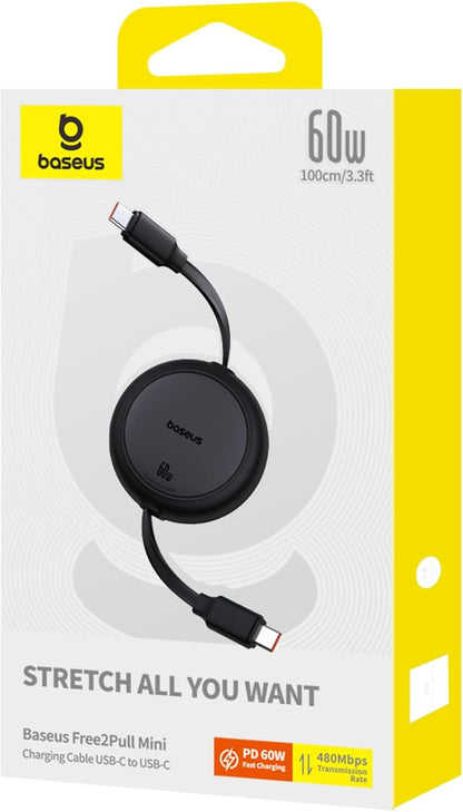 Baseus USB C Cable, 60W PD 5A QC 4.0 Mini Fast Charging Retractable USB C to USB C Cable 4 Level Preset Length for iPhone 15 Samsung iPad Easy Store Portable