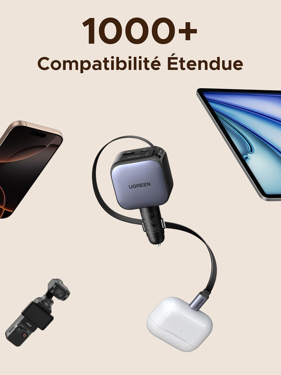 UGREEN Nexode 60W Retractable Car Charger USB C PPS PD QC 3.0 Compact Fast Charging Car Charger Compatible with iPhone 17 Pro Max Air 16 15 14 13 12 Galaxy S25 Ultra iPad Pro Air