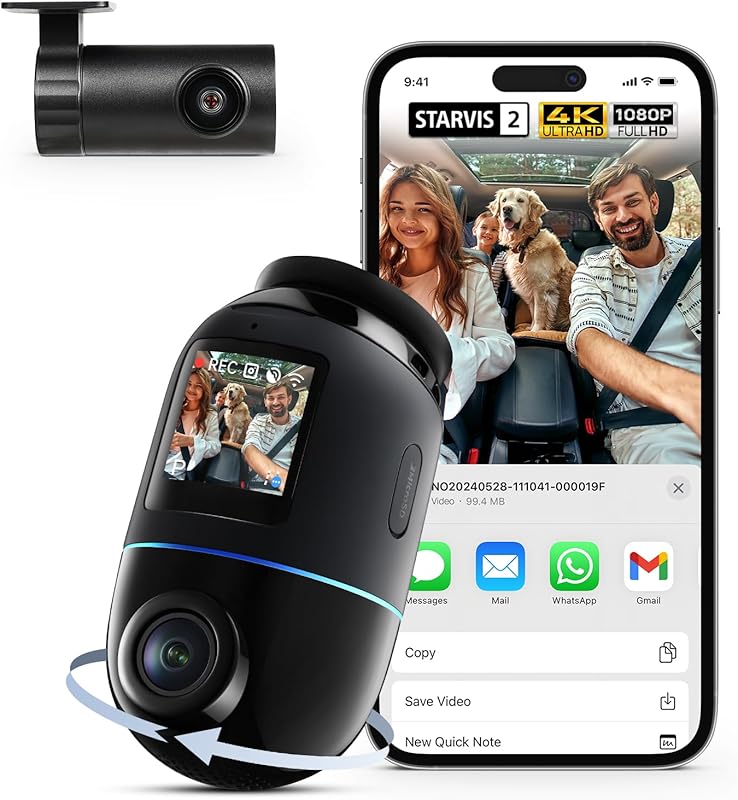 70mai Omni, 4K + 1080P Dash Cam 360° Rotation Car Dashcam, Motion Detection, AI Motion Detection, Day and Night Recorder, GPS, 24H Parking Mode, App Control, Max 512GB